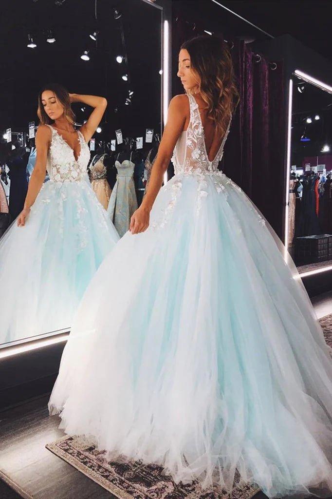 V Neck Backless Teal Lace Foral Long Prom Dresses, Open Back Teal Lace Formal Evening Dresses - RongMoon
