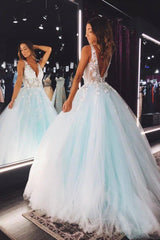 V Neck Backless Teal Lace Foral Long Prom Dresses, Open Back Teal Lace Formal Evening Dresses - RongMoon