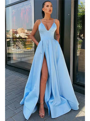 A Line Satin V Neck Sexy Long Prom Formal Dress