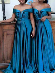 A-Line Bridesmaid Dress Off Shoulder Short Sleeve Elegant Sweep / Brush Train Spandex with Bow(s) / Pleats - RongMoon