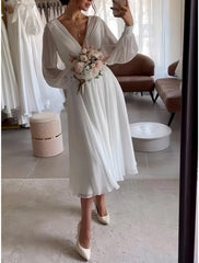 V Neck Tea Length Chiffon Long SleeveWedding Dress
