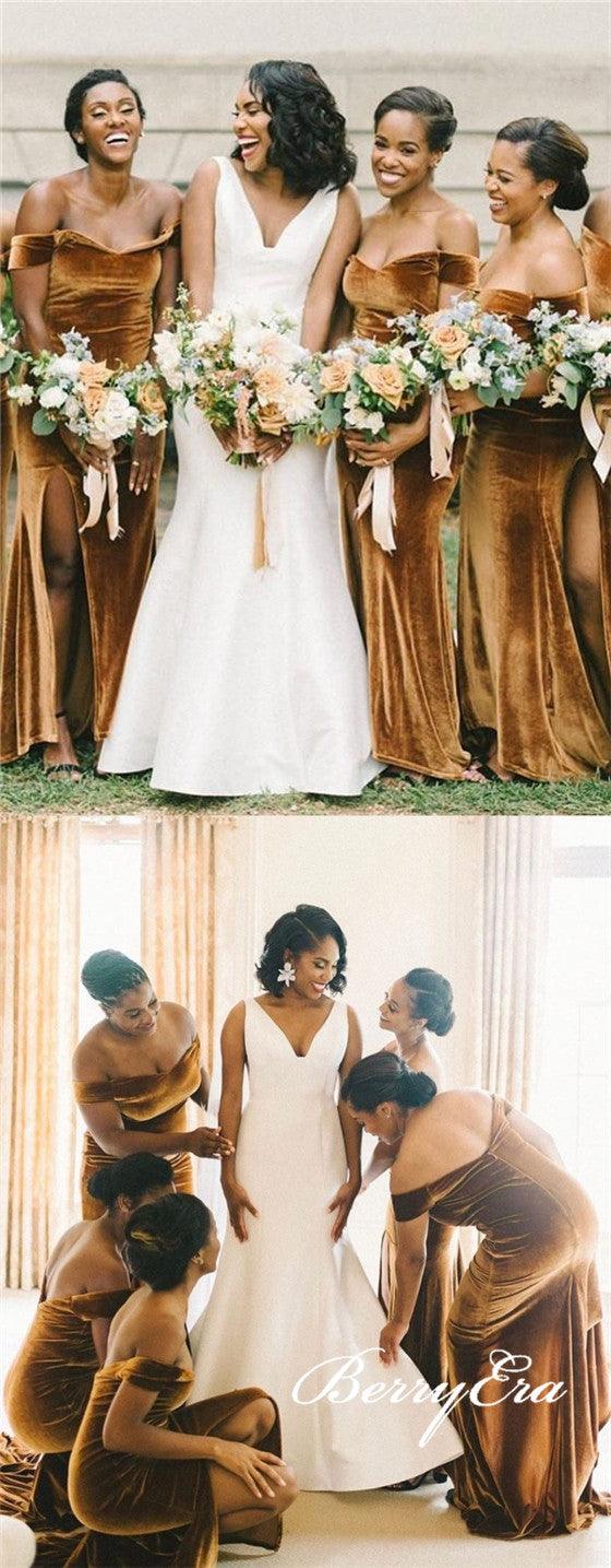 Off Shoulder Long Mermaid Side Slit Velvet Bridesmaid Dresses, Long Cheap Bridesmaid Dresses - RongMoon