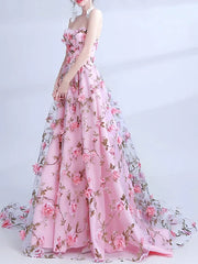 Pink Floral Strapless A Line Lace Up Prom Dress