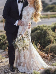 Champagne Trumpet Mermaid Lace Long Sleeve Wedding Dress