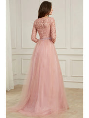A-Line Evening Gown Spring Dress Party Wear Formal Evening Sweep / Brush Train Long Sleeve Jewel Neck Lace with Appliques