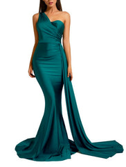 Mermaid / Trumpet Minimalist Sexy Engagement Formal Evening Birthday Dress One Shoulder Sleeveless Sweep / Brush Train Charmeuse with Draping