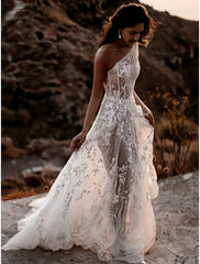 One Shoulder Lace See Through Wedding Dress With Slit