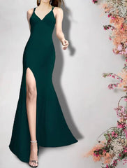 Sheath / Column Bridesmaid Dress V Neck / Spaghetti Strap Sleeveless Sexy Sweep / Brush Train Stretch Chiffon with Split Front / Bandage - RongMoon