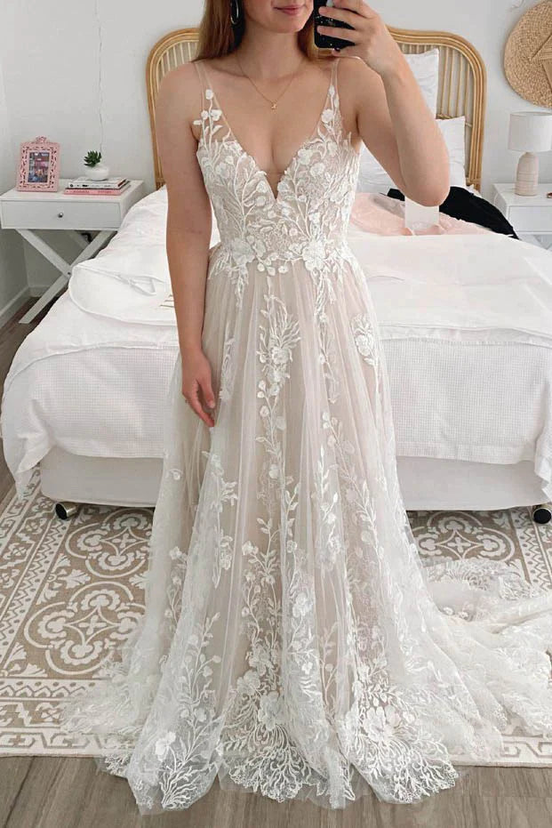 A-Line V Neck Lace Appliques Backless Wedding Dress