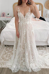 A-Line V Neck Lace Appliques Backless Wedding Dress