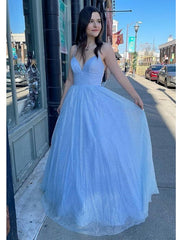 Ball Gown A-Line Prom Dresses Sparkle & Shine Dress Formal Floor Length Sleeveless V Neck Tulle Backless with Pleats