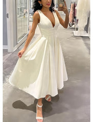 V Neck Tea Length Satin Wedding Dress With Pockets