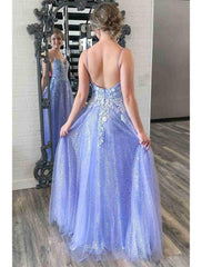 A-Line Prom Dresses Sparkle & Shine Dress Formal Floor Length Sleeveless V Neck Tulle Backless with Pleats Sequin Appliques