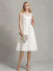 Reception Little White Dresses Wedding Dresses A-Line Illusion Neck Cap Sleeve Knee Length Lace Bridal Gowns With Appliques