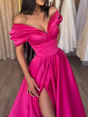High Split Fuchsia Short Sleeve Prom Satin with Slit