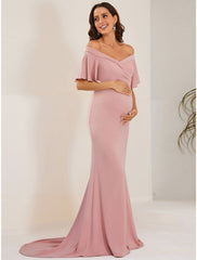 Mermaid / Trumpet Maternity Dresses Maternity Dress Formal Court Train Short Sleeve Off Shoulder Stretch Fabric with Ruched Pure Color