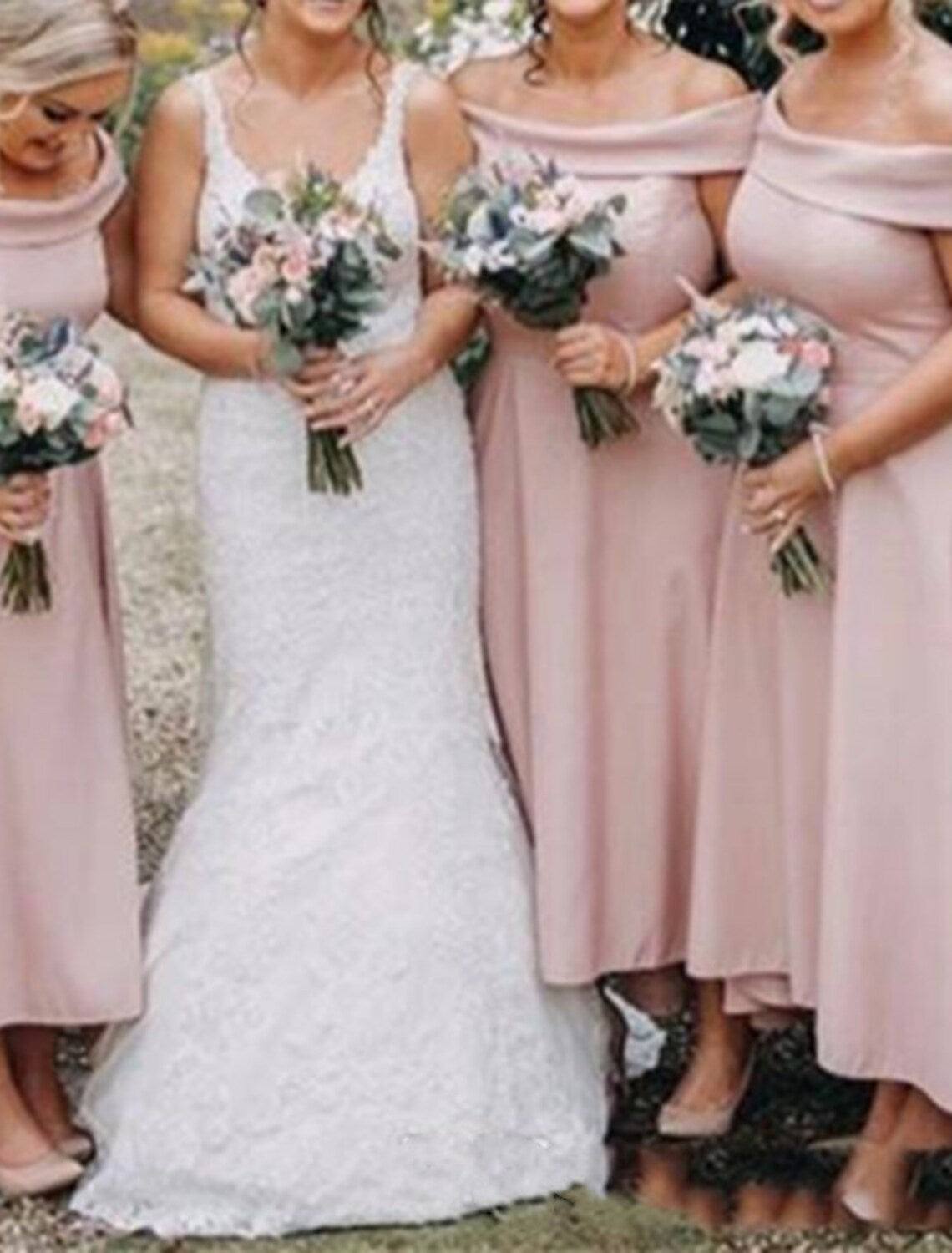 A-Line Bridesmaid Dress Off Shoulder Short Sleeve Sexy Asymmetrical Stretch Fabric with Pleats - RongMoon