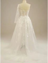 One Shoulder Lace See Through Wedding Dress With Slit