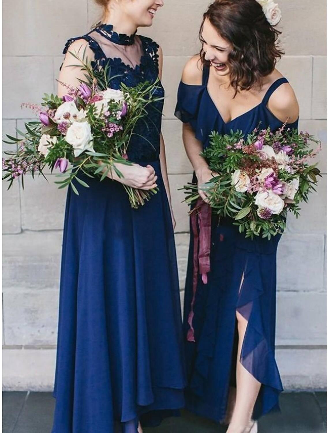 Sheath / Column Bridesmaid Dress V Neck / Jewel Neck Sleeveless Elegant Asymmetrical Chiffon / Lace with Ruffles / Solid Color - RongMoon