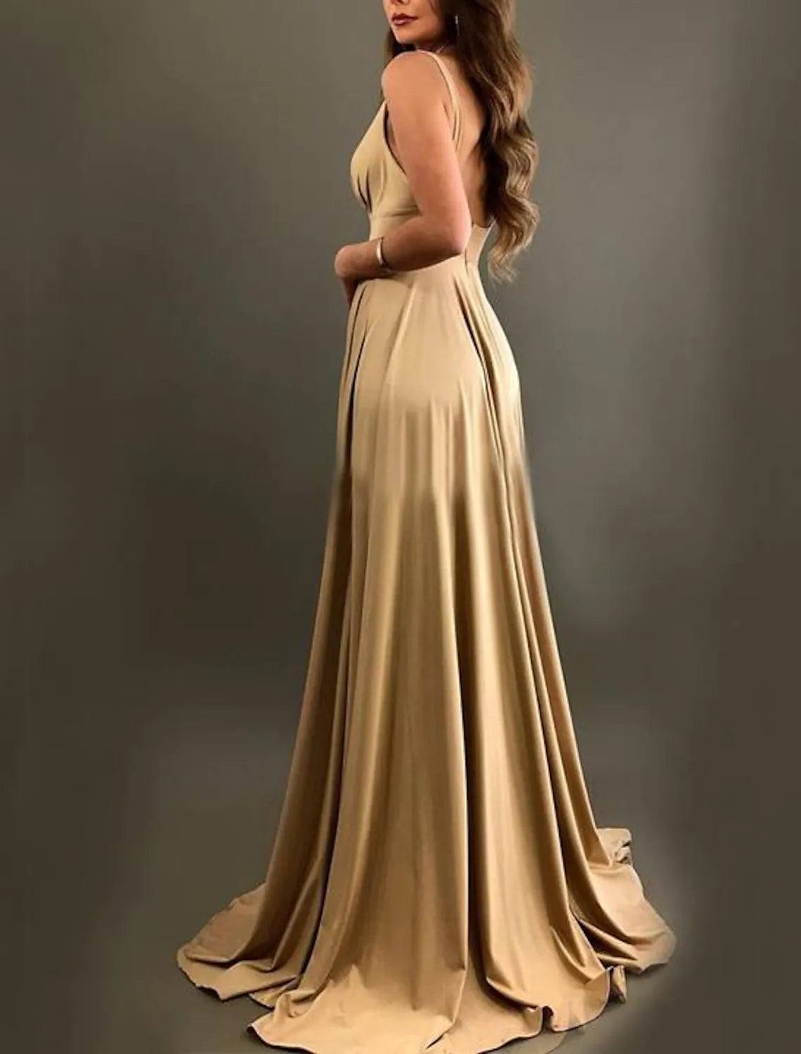 A-Line Bridesmaid Dress V Neck Sleeveless Sexy Sweep / Brush Train Spandex with Ruffles / Split Front - RongMoon