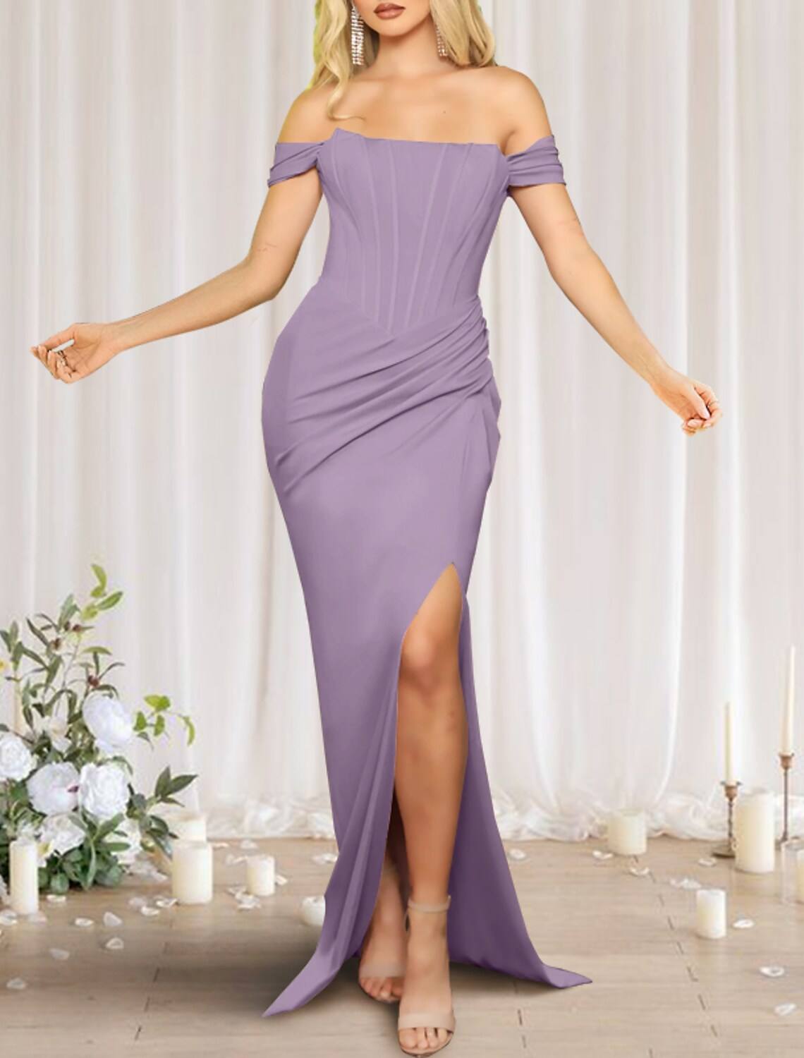 Sheath / Column Bridesmaid Dress Off Shoulder Sleeveless Sexy Sweep / Brush Train Stretch Chiffon with Split Front - RongMoon