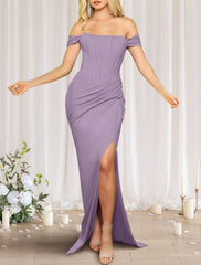 Sheath / Column Bridesmaid Dress Off Shoulder Sleeveless Sexy Sweep / Brush Train Stretch Chiffon with Split Front - RongMoon