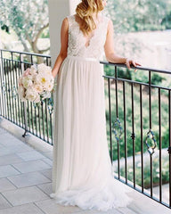 Boho Lace Appliques Tulle Long Wedding Dresses Beach