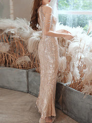 High Neck Sequin Gold Beading Prom Dress