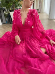 Long Sleeve Butterfly Pink Chiffon Prom Dress