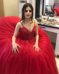 Spaghetti Straps Ball Gown Tulle Dresses Lace V Neck
