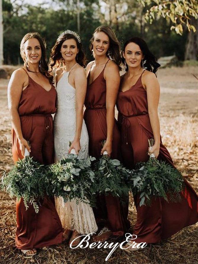 Spaghetti Simple A-line Elastic Satin Long Bridesmaid Dresses - RongMoon