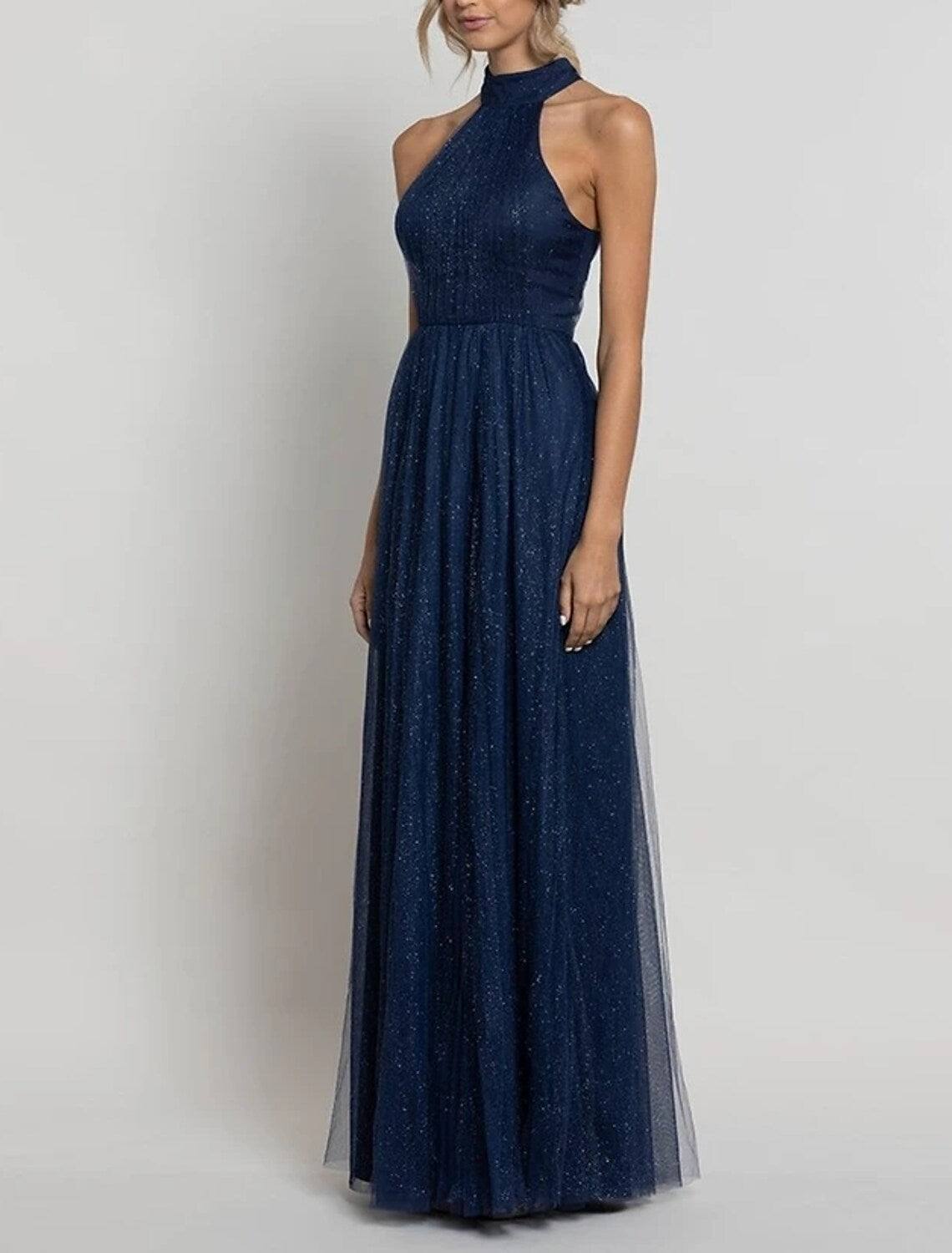 A-Line Bridesmaid Dress Halter Neck Sleeveless Elegant Floor Length Tulle with Pleats / Ruching - RongMoon