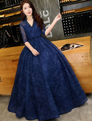 A-Line Evening Gown Beautiful Back Dress Wedding Guest Floor Length Half Sleeve V Neck Lace with Beading