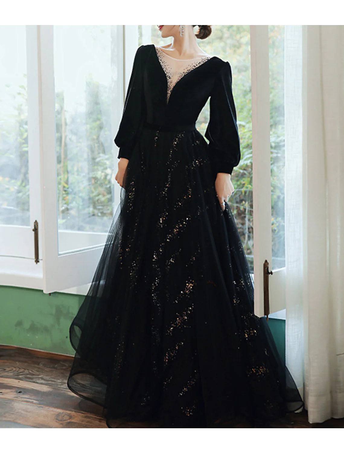 A-Line Bridesmaid Dress Jewel Neck Long Sleeve Elegant Floor Length Tulle / Velvet with Sequin / Bandage - RongMoon