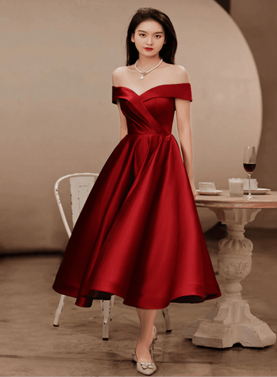 Wine Red Satin Tea Length Bridesmaid Dress Party Dress, Burgundy Satin Homecoming Dress - RongMoon