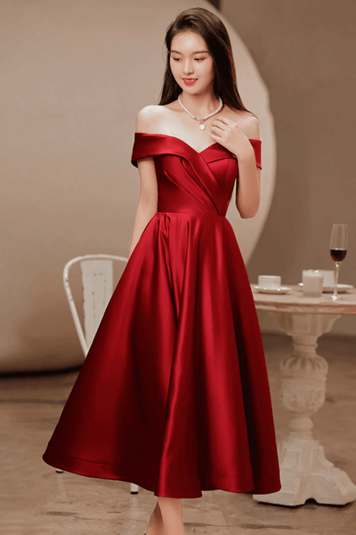 Wine Red Satin Tea Length Bridesmaid Dress Party Dress, Burgundy Satin Homecoming Dress - RongMoon