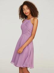 WisteriaShare  Photo by Supplier   A-Line Bridesmaid Dress Halter Neck Sleeveless Keyhole Knee Length Chiffon with Ruffles - RongMoon
