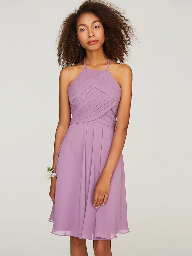 WisteriaShare  Photo by Supplier   A-Line Bridesmaid Dress Halter Neck Sleeveless Keyhole Knee Length Chiffon with Ruffles - RongMoon