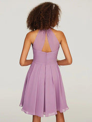 WisteriaShare  Photo by Supplier   A-Line Bridesmaid Dress Halter Neck Sleeveless Keyhole Knee Length Chiffon with Ruffles - RongMoon