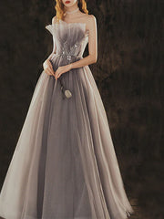 Tulle Appliques Gray A Line Prom Dress