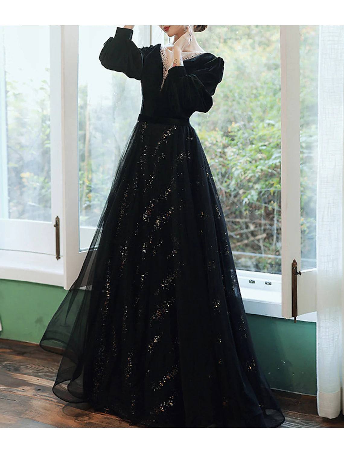 A-Line Bridesmaid Dress Jewel Neck Long Sleeve Elegant Floor Length Tulle / Velvet with Sequin / Bandage - RongMoon