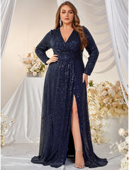 A-Line Evening Gown Plus Size Dress Formal Sweep / Brush Train Long Sleeve V Neck Polyester with Sequin Slit