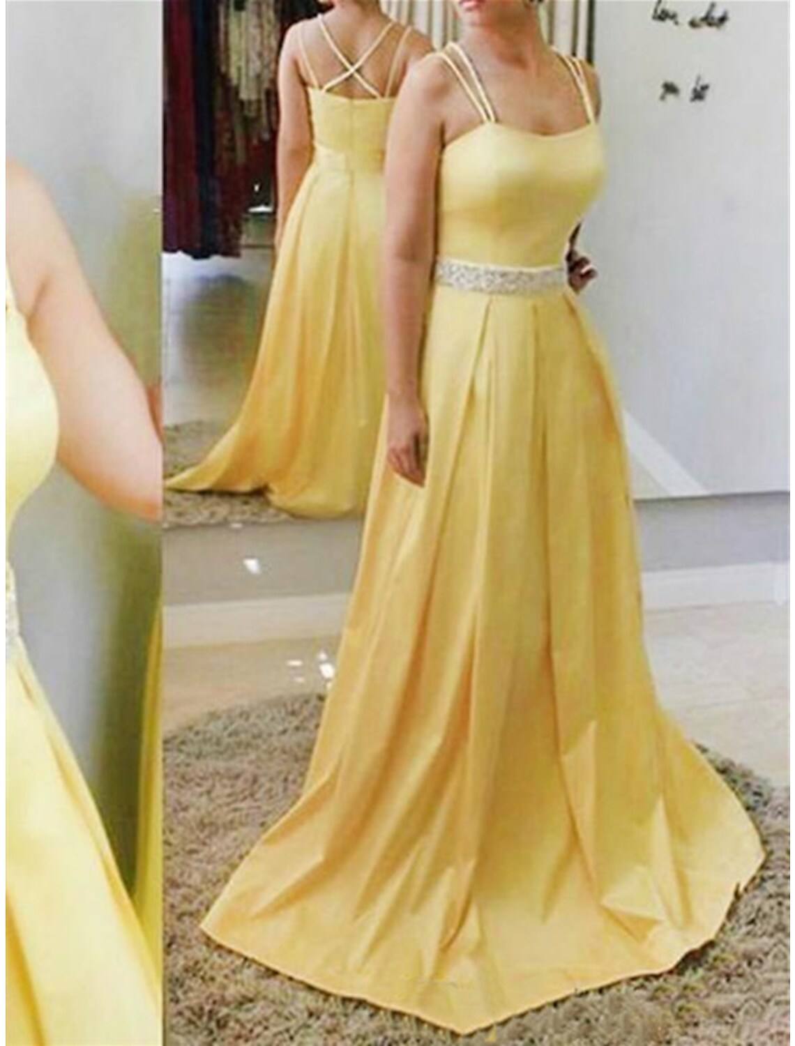 A-Line Bridesmaid Dress Spaghetti Strap Sleeveless Elegant Sweep / Brush Train Satin with Criss Cross / Sequin - RongMoon