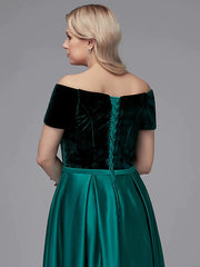 A-Line Special Occasion Dresses Elegant Dress Wedding Guest Floor Length Short Sleeve Off Shoulder Satin with Crystals