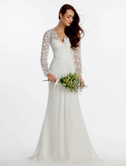 Beach Boho Wedding Dresses Sheath / Column V Neck Long Sleeve Sweep / Brush Train Chiffon Bridal Gowns With Lace Buttons