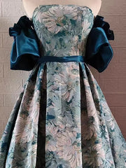 Puffy Sleeves Print Blue Quinceanera Prom Dress