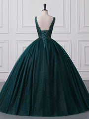 Ball Gown Prom Dresses Sparkle & Shine Dress Quinceanera Floor Length Sleeveless V Neck Tulle with Sequin Applique