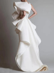 Bachelorette Party Formal Little White Dresses Wedding Dresses Asymmetrical Sheath / Column Short Sleeve One Shoulder Organza With Ruched Cascading Ruffles - RongMoon