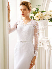 Engagement Open Back Formal Wedding Dresses Court Train Mermaid / Trumpet Long Sleeve Illusion Neck Chiffon With Sash / Ribbon Appliques