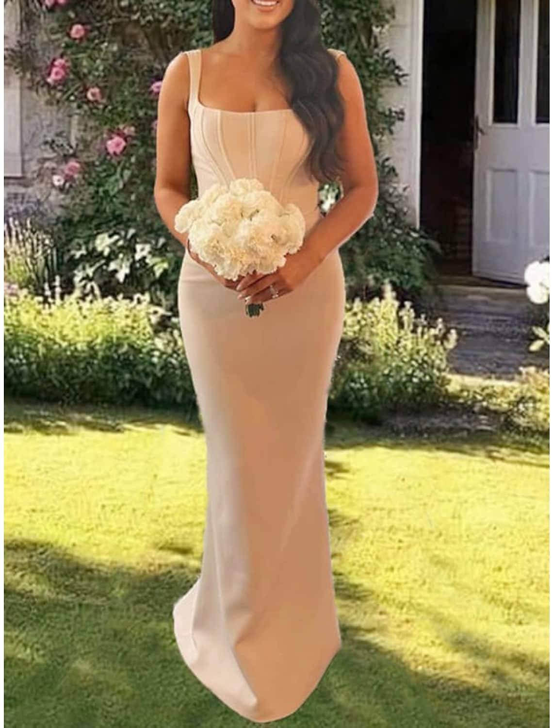 Sheath / Column Bridesmaid Dress Square Neck Sleeveless Elegant Sweep / Brush Train Satin with Solid Color - RongMoon